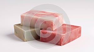 Natural Handmade Soaps. Three rectangular handmade soaps stacked on a plain white background. Generative AI