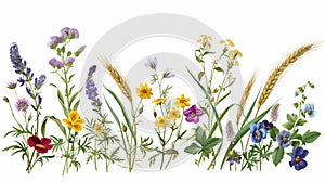 Natural Harmony: Bouquet of Flowers and Ears of Wheat as a Frame on a White Background, Clipart that Conveys a Rustic Atmosphere