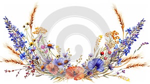 Natural Harmony: Bouquet of Flowers and Ears of Wheat as a Frame on a White Background, Clipart that Conveys a Rustic Atmosphere