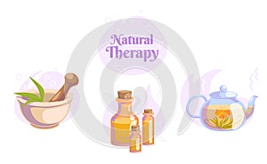 Natural Healthy lifestyle icons set for spa salon. Blooming tea, massage oil, mortar and pestle Herbal organic