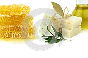 Natural herbal soaps with honey, olive oil and daphne. photo