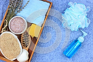 Natural herbal spa cosmetics with lavender extract - soap, salt, towel, massage brush, washcloth