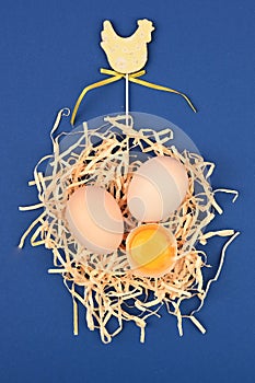 Natural homemade eggs in a tray. A tray of eggs on a white and pink background. eco tray with testicles. minimalistic trend, top