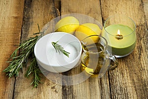 Natural homemade skincare products with baking soda, lemon, rose