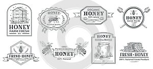 Natural honey badge. Bees farm label, vintage honey product hand drawn badges and bee emblem vector illustration set