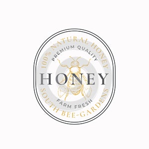 Natural Honey Badge or Logo Template. Hand Drawn Bee Sketch with Retro Typography and Borders. Vintage Premium Emblem in