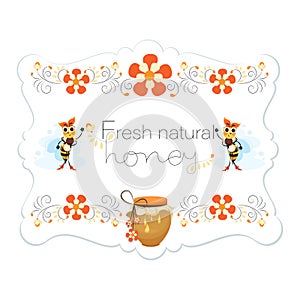 Natural honey. Honey label. Bees. Mistress is a bee. Vector honey labels, round logo design