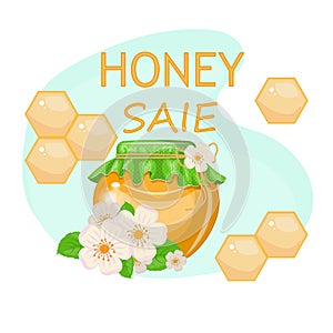 Natural honey shop flat banner vector template. Organic product, beeswax sale business.