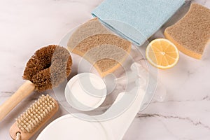 Natural household cleaners for green household - bamboo brush, organic dishcloth