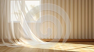 Natural Illumination Sunlit Sheer Curtain and Beige Brown Stripe Wallpaper