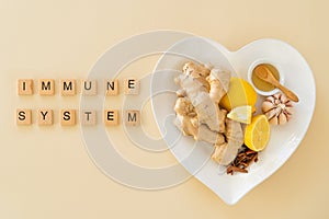 Natural immune system boosters - lemon, ginger, garlic, honey and drugs, thermometer, stethoscope