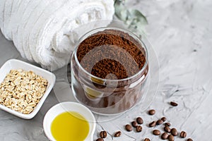 Natural Ingredients for Homemade Body Chocolate Coffee Oatmeal Sugar Scrub Oil Beauty SPA Concept