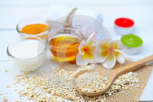 Natural Ingredients for Homemade Body Face Scrub Oat honey and yogurt. Beauty Concept.