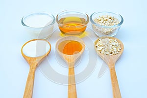 Natural Ingredients for Homemade Body Face Scrub Oat honey and yogurt. Beauty Concept.