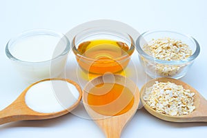 Natural Ingredients for Homemade Body Face Scrub Oat honey and yogurt. Beauty Concept.