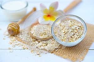 Natural Ingredients for Homemade Body Face Scrub Oat honey and yogurt. Beauty Concept.