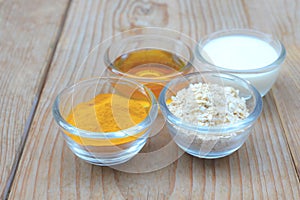 Natural Ingredients for Homemade Body Face Scrub Oat honey and yogurt. Beauty Concept.