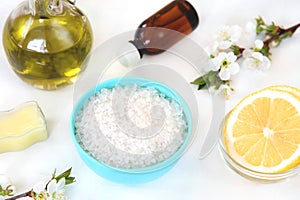 Natural Ingredients for Homemade Body Salt Scrub Lemon, Sea salt and Olive oil. Skincare Organic