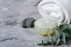 Natural Ingredients Homemade Body Sea Salt Scrub with Olive Oil White Towel Beauty Concept Skincare