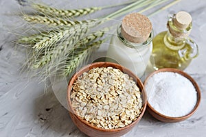 Natural Ingredients for Homemade Oatmeal Milk Body Face Scrub Beauty Concept