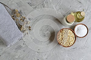 Natural Ingredients for Homemade Oatmeal Milk Body Face Scrub Beauty Concept