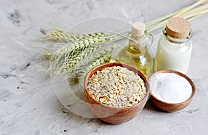 Natural Ingredients for Homemade Oatmeal Milk Body Face Scrub Beauty Concept