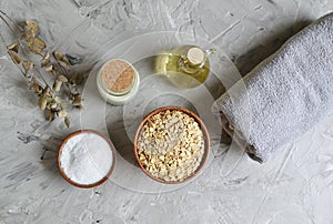Natural Ingredients for Homemade Oatmeal Milk Body Face Scrub Beauty Concept