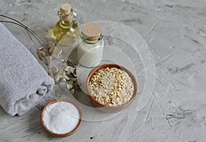 Natural Ingredients for Homemade Oatmeal Milk Body Face Scrub Beauty Concept