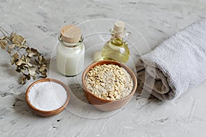 Natural Ingredients for Homemade Oatmeal Milk Body Face Scrub Beauty Concept