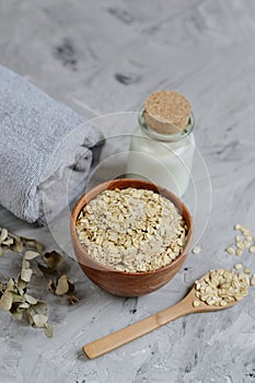 Natural Ingredients for Homemade Oatmeal Milk Body Face Scrub Beauty Concept