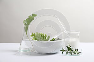 Natural ingredients and laboratory glassware for organic cosmetic product on white table
