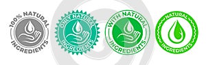 Natural ingredients product icon, green organic bio vector logo with hand and water drop. 100 percent only natural ingredients