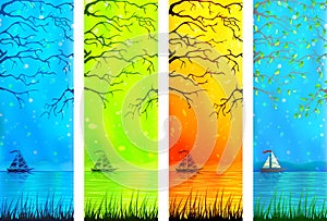 Natural lake scenery banners with a small boat