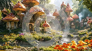 A whimsical village adorned with captivating mushrooms and picturesque structures in a stunning natural landscape.