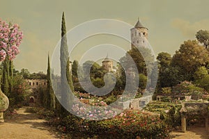 Natural landscape against the background of old castles. European and Asian Gardens. Illustrations for films, cartoons, posters,
