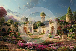 Natural landscape against the background of old castles. European and Asian Gardens. Illustrations for films, cartoons, posters,