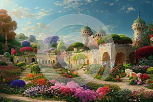 Natural landscape against the background of old castles. European and Asian Gardens. Illustrations for films, cartoons, posters,