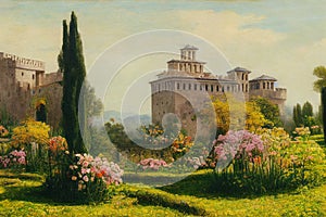 Natural landscape against the background of old castles. European and Asian Gardens. Illustrations for films, cartoons, posters,