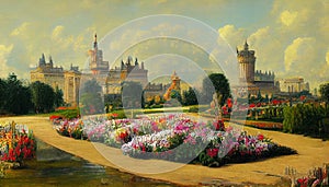 Natural landscape against the background of old castles. European and Asian Gardens. Illustrations for films, cartoons, posters,