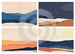 Natural landscape background with Japanese pattern vector. Mountain forest template with geometric elements. Abstract arts wallpap