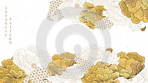 Natural landscape background with Japanese pattern vector. Peony flower template with gold texture. Chinese arts wide wallpaper in