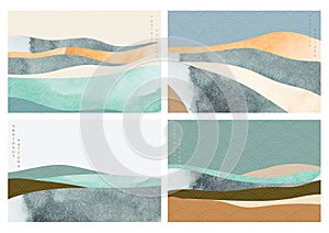 Natural landscape background with Japanese wave pattern vector.Mountain forest with abstract template. Watercolor texture element photo
