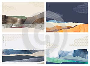 Natural landscape background with Japanese wave pattern vector. Mountain forest with geometric pattern template