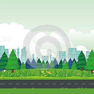 Natural Landscape background with pine forests and Shilhouette  Urban building