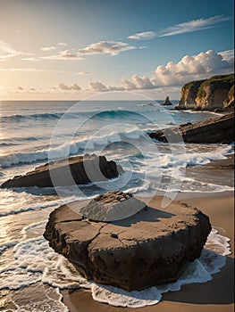 A natural landscape of a big sea view with a sandy beach, beautiful sky, clouds, retro sunset, rock, sea waves, wallart