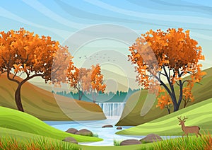 Natural landscape with blue sky, mountain, green hills, trees, pine forest in silhouette, river with waterfall and a deer.