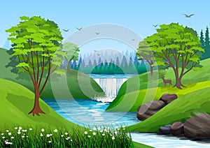 Natural landscape with blue sky, mountain, green hills, trees, pine forest in silhouette, river with waterfall and a little shade.