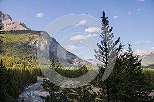 Natural landscape - Bow River Valley, Rocky Mountains, coniferous forest and beautiful sky with clouds.