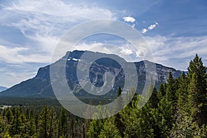 Natural landscape - Bow River Valley, Rocky Mountains, coniferous forest and beautiful sky with clouds.