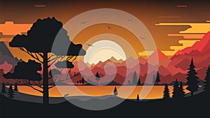 The natural landscape cartoon design with the sun and mountains. Vector illustration